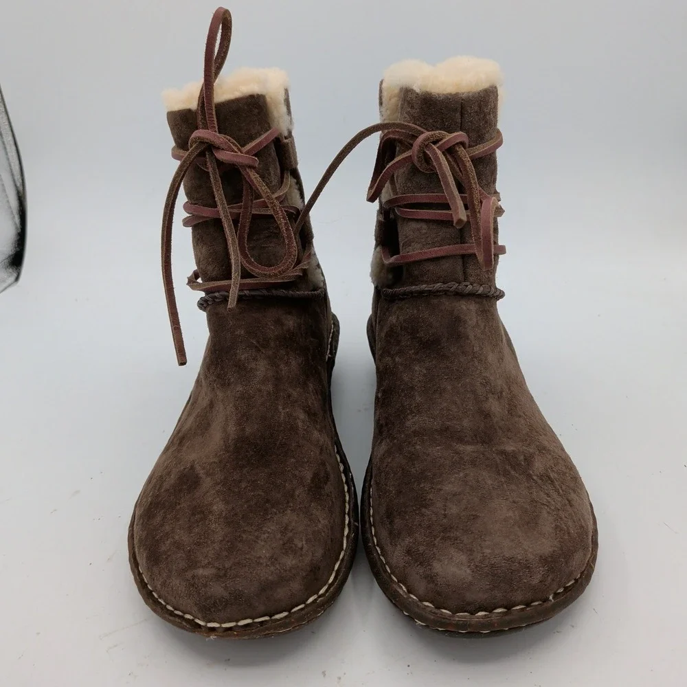UGG Caspian Shearling 3335 Brown Suede Shearling Lace Up Mid Calf Boots Womens 7
